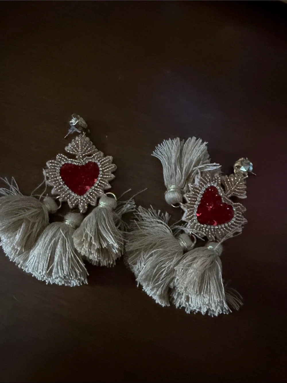Tassel Heart Statement Earrings with Red Velvet Center